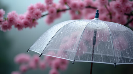 Raindrops forming lines on a translucent umbrella, with a cherry blossom tree in the background