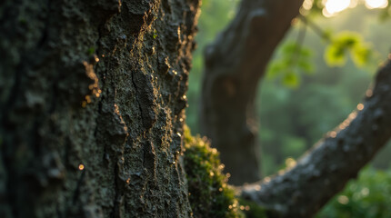Obraz premium Raindrops glistening on the rough bark of an ancient oak tree, soft forest light in the background