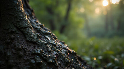 Obraz premium Raindrops glistening on the rough bark of an ancient oak tree, soft forest light in the background