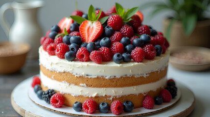 Fresh berry cake topped with strawberries and raspberries in a cozy kitchen setting