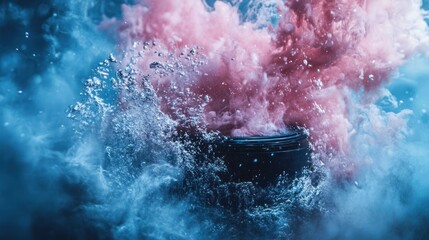 Obraz premium Vibrant and colorful powder explosion captured in a dramatic studio scene with dynamic swirling motions and intense energy bursting forth in a striking abstract composition