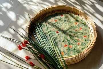 Zoomed in shot of Pajeon green onion pancake with chives and red pepper in a bamboo basket on a white surface South Korea