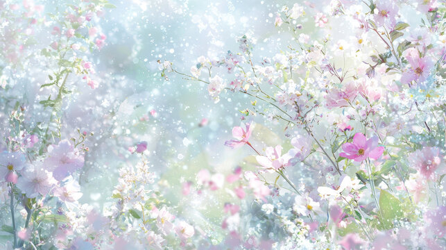 Abstract blurred background of colorful rainbow silk floral meadow flowers, spring soft colors romantic botanical gradient aesthetic flow bloom dreamy vintage texture pattern painting illustration