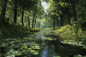 Obraz premium Tranquil forest with a serene waterway and blooming lilies during daylight