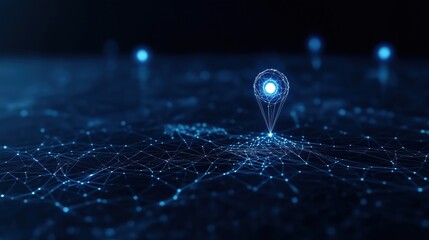 Digital map shows glowing location pins on network connections. Futuristic tech interface with abstract design. Global positioning system visualisation for navigation tracking. Abstract graphic