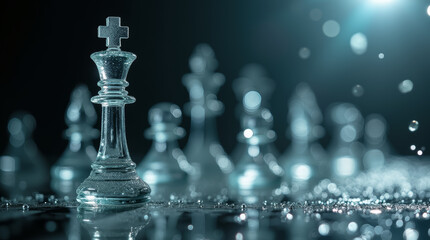 Water droplets clinging to a glass chess piece, with a dramatic backlight