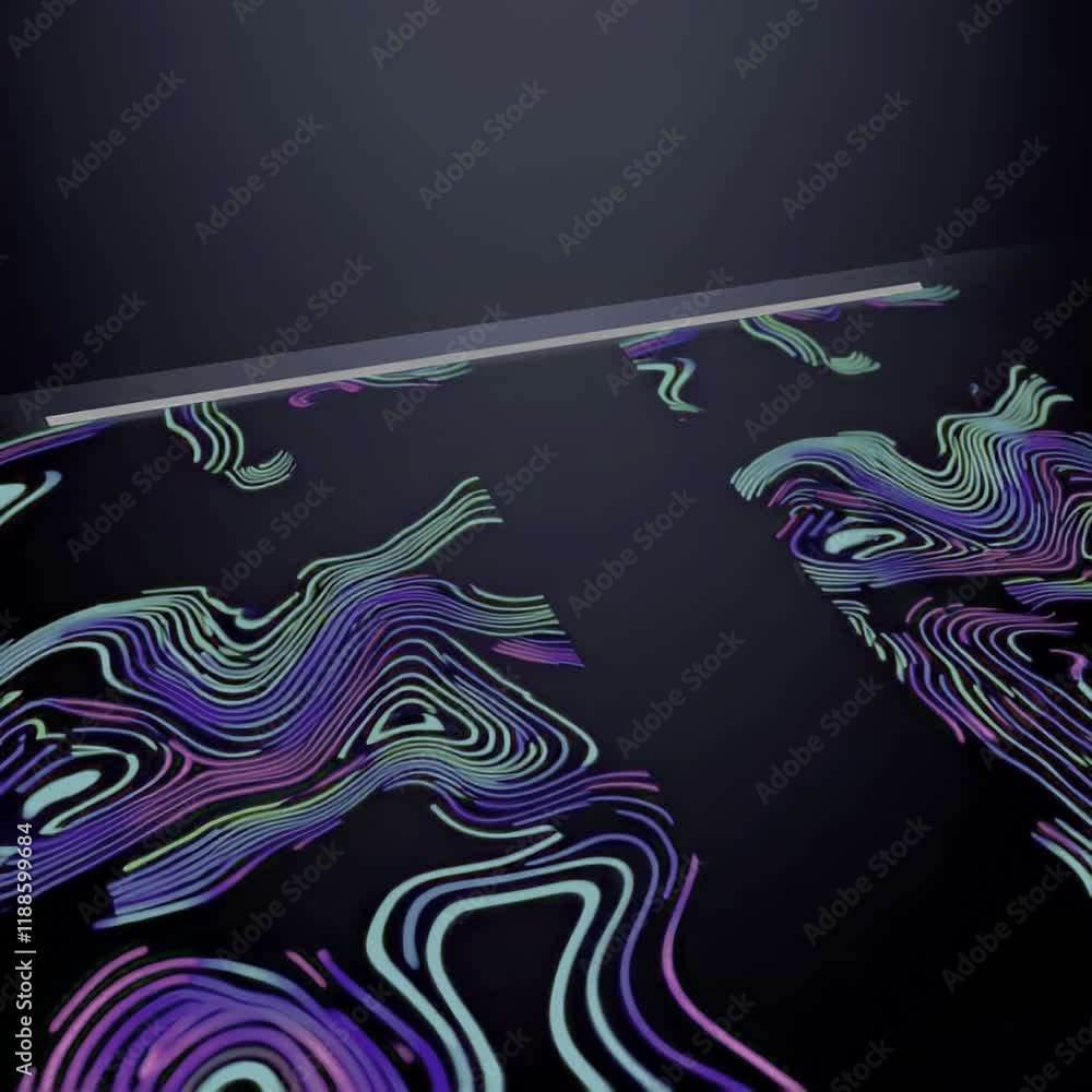 Poster neon lines and waves glowing on a reflective surface in a dark space.