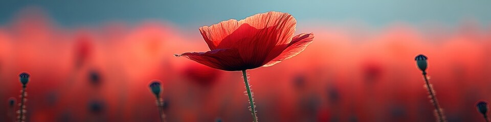 Vibrant Red Poppy Blossom in Field Captured Amidst Serene Atmosphere with Soft Background