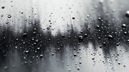 Water droplets on a modern black-and-white abstract painting, creating reflective distortions