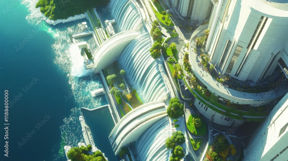 Poster futuristic architectural design featuring flowing structures and green spaces overlooking serene wat
