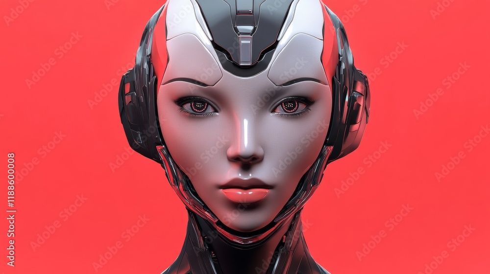 Poster female robot face with advanced artificial intelligence concept showcasing cybernetic design element