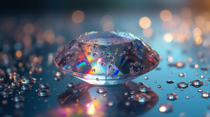 Water droplets scattered on a crystal-clear diamond, refracting brilliant rainbow light