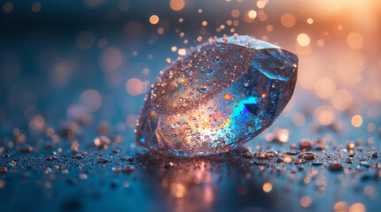 Water droplets scattered on a crystal-clear diamond, refracting brilliant rainbow light
