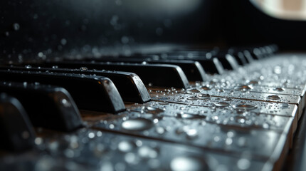 Water droplets scattered on a polished black piano surface, reflecting sheet music