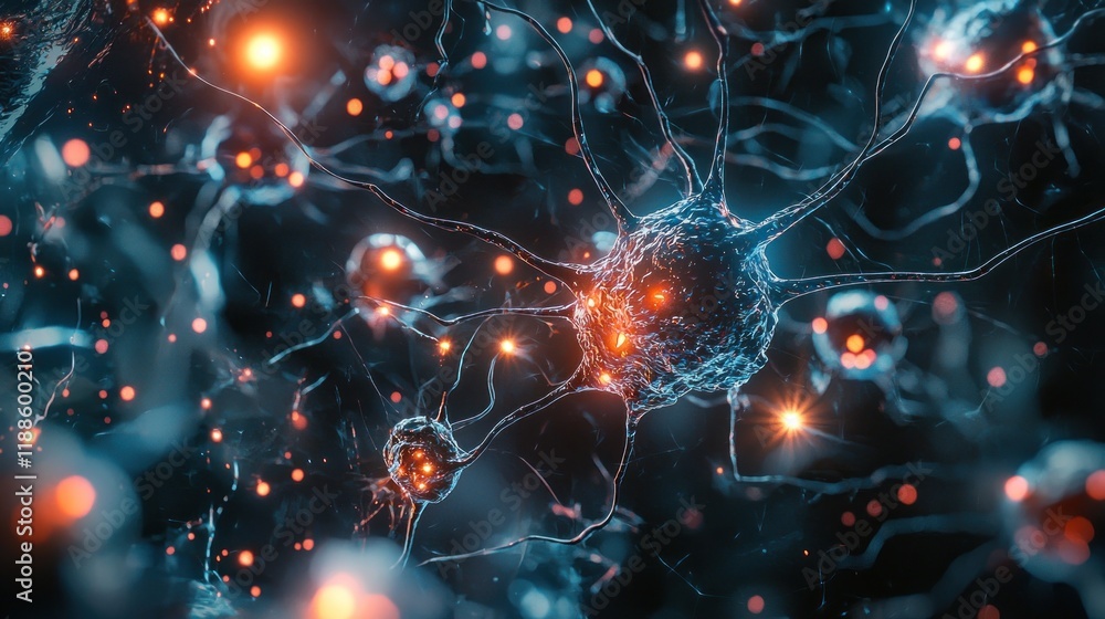 Poster microscopic view of neuron network: intricate neural connections and synaptic activity