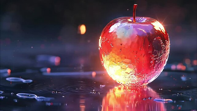 Abstract healthy eating, lifestyle concept with glowing apple and copy space on dark blue, full hd
