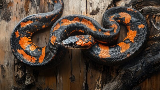 Ornate snake coiled on bark, detailed closeup