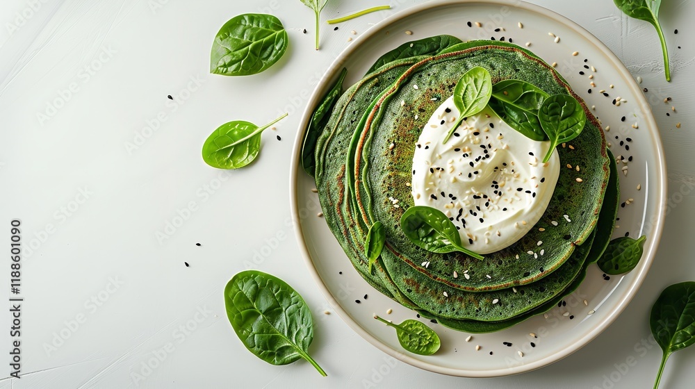 Poster close-up of gluten-free sour cream and spinach pancakes on a white backdrop featuring lots of empty 