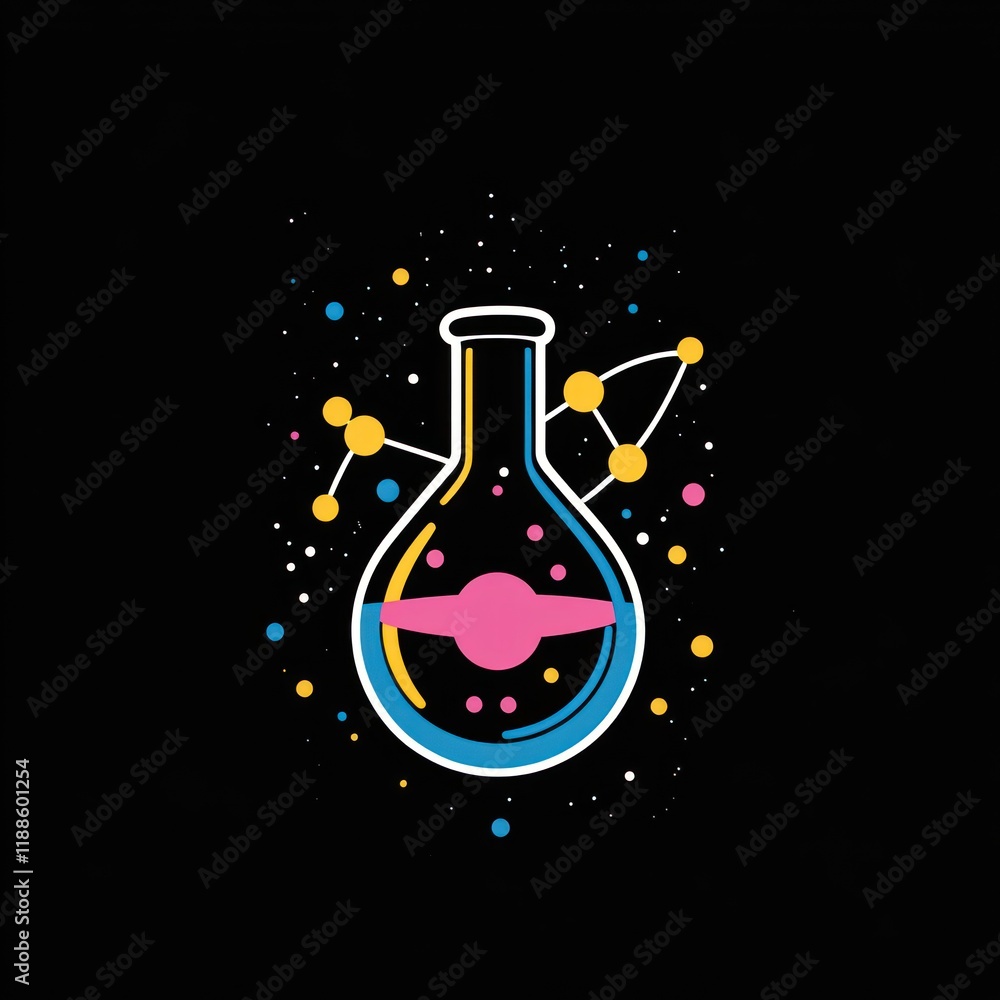 Poster colorful erlenmeyer flask with molecular structure design