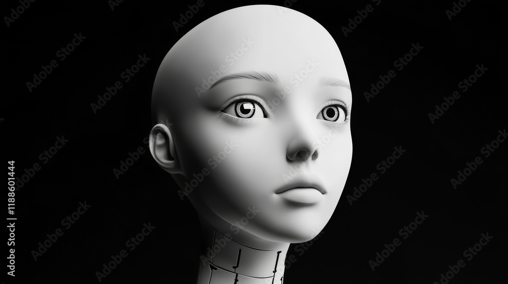 Poster female robot face with advanced artificial intelligence concept showcasing cybernetic design element