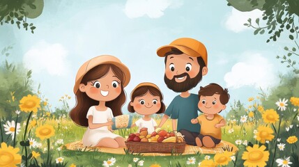Fototapeta premium A Beautiful Family Picnic Scene in a Blooming Meadow Filled with Yellow and White Flowers Creating a Cheerful and Warm Atmosphere