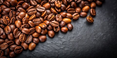 Naklejka premium High-quality coffee beans on dark background, with beans slightly cracked and scattered