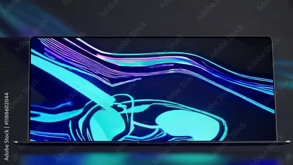Poster colorful abstract display on a sleek modern screen in a dark setting.