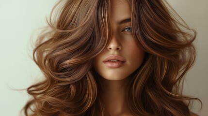 Naklejka premium Close-up view of woman with voluminous brown hair. Luxurious locks flow, frame face. Pale background suggests studio setting. Hair appears healthy, glossy with modern hairstyle. Image evokes salon