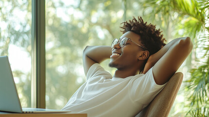 Smiling man in glasses resting and relaxing sitting on a sofa at home. Relaxation and carefree concept