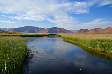 Obraz premium Serene river flowing through a mountain valley