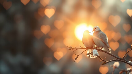 pair of doves sitting on a branch with glares of hearts in the background,  Happy Valentine's Day card, Copy space