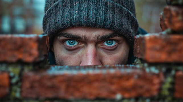 Homme curieux qui regarde par dessus-un mur de briques, yeux bleus