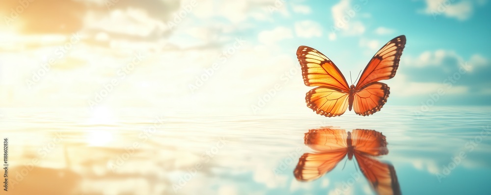 Poster A serene butterfly rests on a reflective surface, surrounded by soft clouds and warm sunlight, symbolizing beauty and transformation.