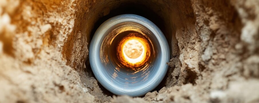 Underground pipe repair process. Liner curing inside pipe. Resin material highlighted with bright lighting. Expert pipe relining visual for infrastructural maintenance. Underground infrastructure