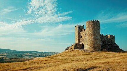 Fototapeta premium Ancient stone castle ruins on hilltop under blue sky.