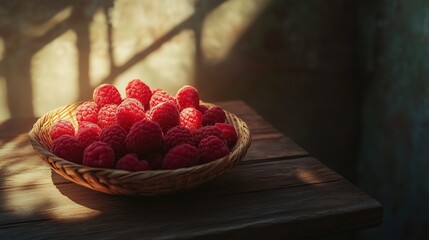 Ripe raspberries sit beautifully in a bamboo bowl, their vibrant red hues glowing under natural light on a rustic wooden table.