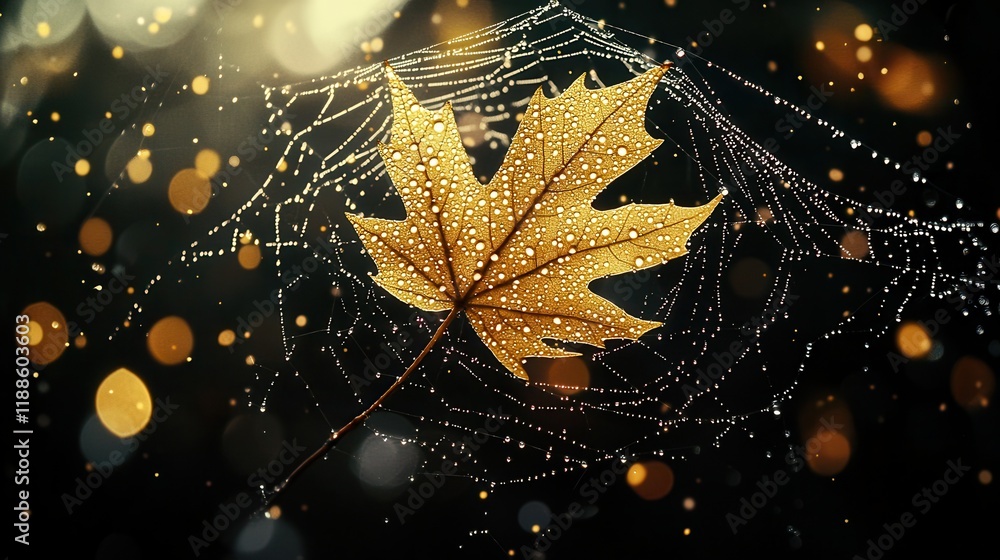 Poster A golden leaf rests on a spider web adorned with dew drops, set against a blurred background of shimmering lights.