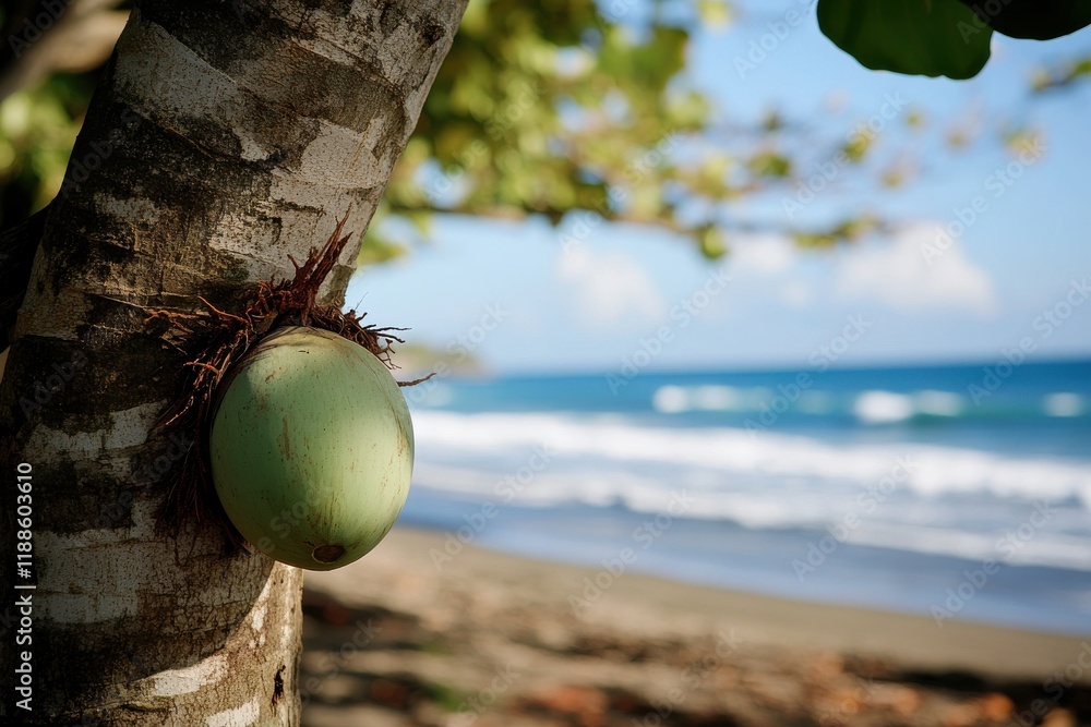 Poster tropical serenity: a softly diffused image of a coconut hanging on a tree with a beautiful beach and