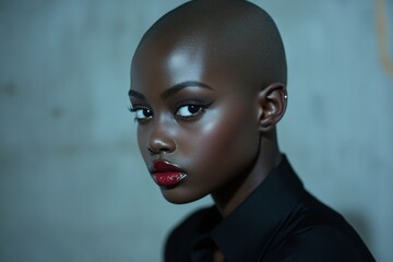 Stunning calm black girl - for ads, marketing material and internet banner use. Commercial advertising idea. Short haircut - bald head - no hair. African american commercial art. Black model.