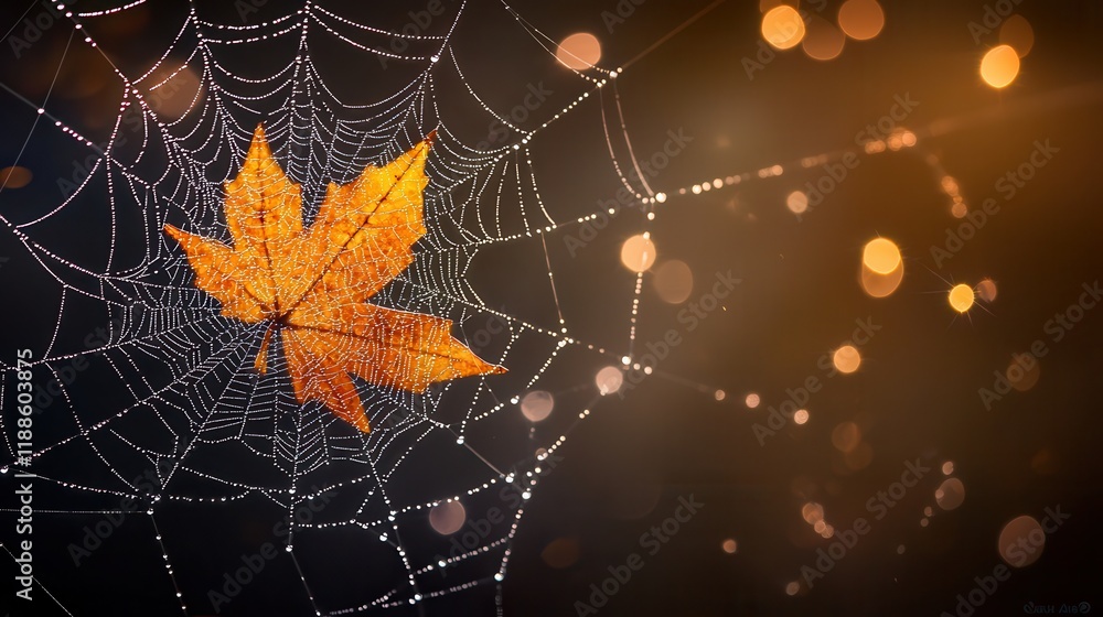Poster a vibrant orange leaf caught in a spider's web, capturing the essence of autumn with soft bokeh ligh