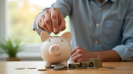 Saving money investment for future. old man hand putting money coins in a piggy bank.investment, money, annuity insurance, saving for retirement and pension fund concept.Individual retirement account