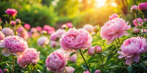 Pastel pink peonies and roses in a lush garden amidst green foliage and warm sunlight