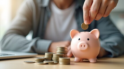 Saving money investment for future. old man hand putting money coins in a piggy bank.investment, money, annuity insurance, saving for retirement and pension fund concept.Individual retirement account