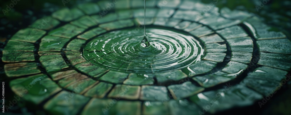 Aufkleber A close-up view of concentric circular patterns created by water droplets, with a focus on vibrant green textures and reflections.