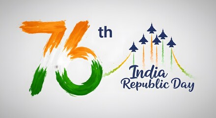 76 Republic day design with fighter jets flying across tricolor swirl and seventy six number symbolizing aviation power and patriotic pride