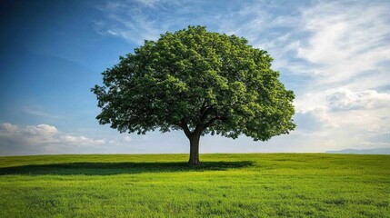 Fototapeta premium Single tree on green field under blue sky.