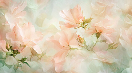 Obraz premium Abstract blurred background of pink peach green pastel floral bouquet flowers, grunge soft colors romantic botanical gradient aesthetic flow bloom dreamy vintage texture pattern painting illustration