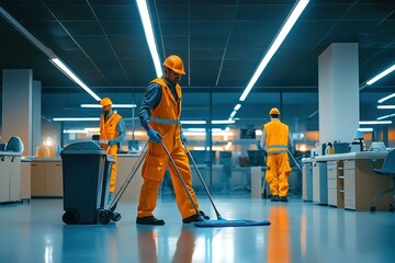 Night cleaning crew working efficiently in a modern office environment