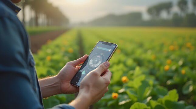 Smart farming agriculture concept. Man holding smartphone monitor and track agricultural produce through modern wireless networks. smart farming innovation, IoT. internet of things. Ai