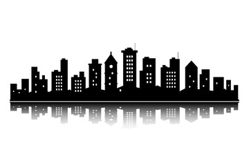Naklejka premium vector design of black city silhouette of tall houses with roofs and windows and reflection below